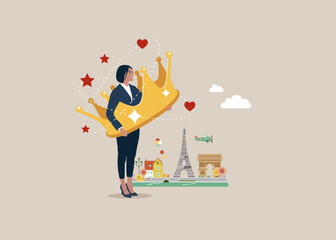 Narcissism businesswoman admire himself and proud of his crown with love and stars around. Narcissist people, extreme self involvement too much confident disorder, proud attitude. 