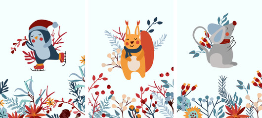 Winter background with arctic penguin on skates, funny squirrel, cute mouse in a scarf, leaves, flowers and other. Winter compositions. Perfect for greeting cards, poster, postcard, banner. Vector.