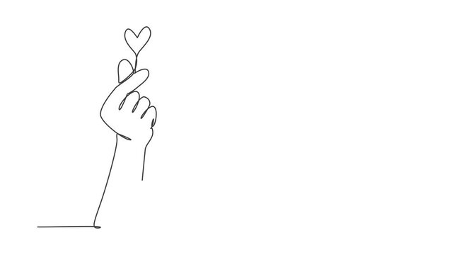 Animated self drawing of continuous line draw Korean heart sign. Finger love symbol. I love you hand gesture. Self love. Korean heart design. Love with hand gestures. Full length one line animation