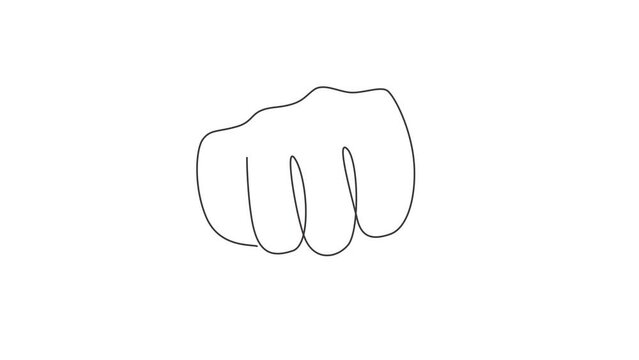 Animated self drawing of continuous line draw punch fist hand gesture. Sign of power, hitting, attack, force. Communication with hand gestures. Nonverbal signs. Full length single line animation