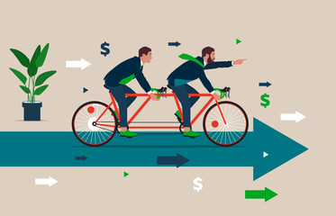Two businessman's Steering Tandem Bike. Business Metaphor of Successful Teamwork, Competitive Spirit, Goal Achievement and Leadership. Flat vector illustration.