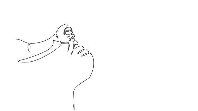 Animated self drawing of single continuous line draw parent hands holding newborn baby fingers. Close up mother’s hand holding their new born baby. Mother’s day concept. Full length one line animation