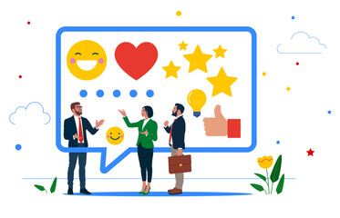 Adult people giving emoticon feedback such as stars, thumbs up. Customer feedback, user experience or client satisfaction, opinion for product and services, review rating or evaluation.