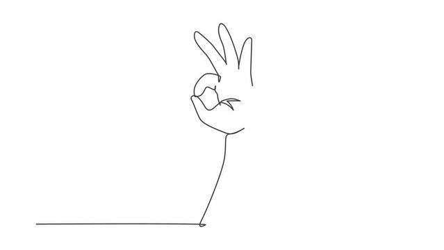 Self drawing animation of single line draw hand showing okay or perfect gesture. Number three hand count. Learn to count numbers. Nonverbal signs or symbols. Continuous line draw. Full length animated