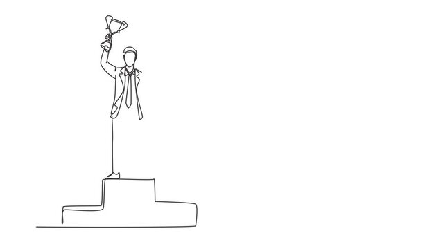 Self drawing animation of single line draw businessman wearing suit with tie lifting golden trophy with one hand on podium. Celebrating business performance. Continuous line draw. Full length animated