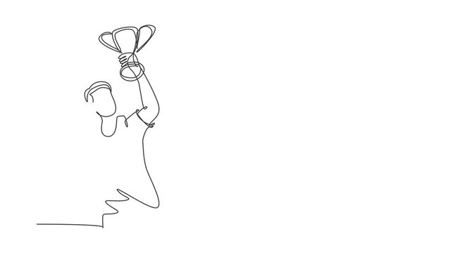 Animated self drawing of continuous one line draw male athlete in sports jersey holding gold trophy with one hand. Celebrating victory of national sports competition. Full length single line animation