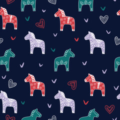 Dala horses with boho decorative elements seamless pattern. Scandinavian style simple background vector illustration.