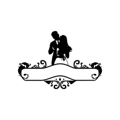 Wedding couple silhouette with retro banner design