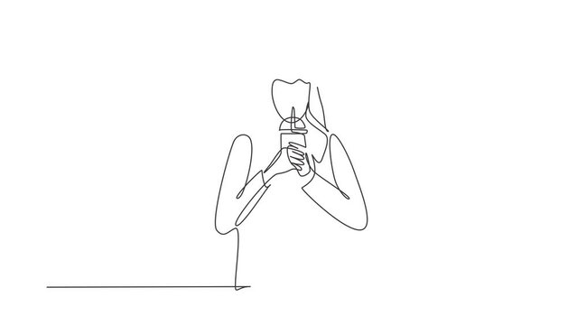 Animated self drawing of single continuous line draw young Arabian male hold plastic cup and drink iced green tea with straw. Make him refreshing in summer season. Full length one line animation