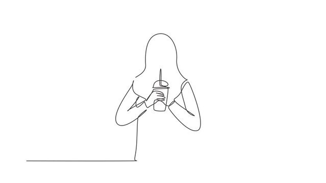 Self drawing animation of single line draw beautiful Arab woman hold plastic cup and drink iced green tea with straw. Make her refreshing in summer season. Continuous line draw. Full length animated