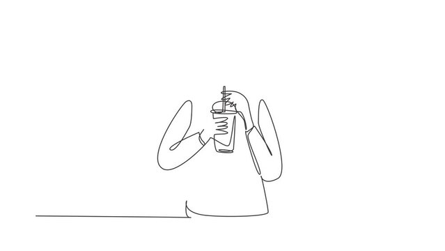 Animated self drawing of single continuous line draw beautiful woman hold plastic cup and drink iced green tea with straw. Make her refreshing in summer season. Full length one line animation