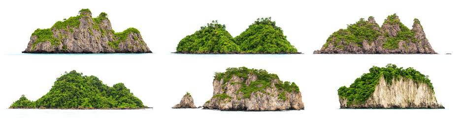 islands, collection of forested islets isolated on white background - obrazy, fototapety, plakaty