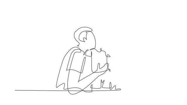 Animated self drawing of continuous one line draw parents kissing their little boy on his cheeks. Adorable child with an innocent expression. National children's day. Full length single line animation - Powered by Adobe