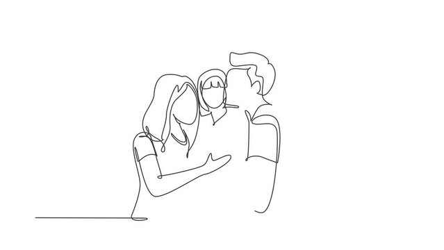 Animated self drawing of continuous line draw parents kissing their little girl on her cheeks. Adorable child with an innocent expression. National children's day. Full length one line animation