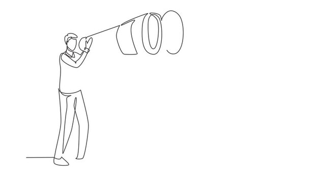 Animated self drawing of continuous line draw tourist looking through big binoculars far ahead. Gentleman is traveling with field glasses. Find something interesting. Full length single line animation
