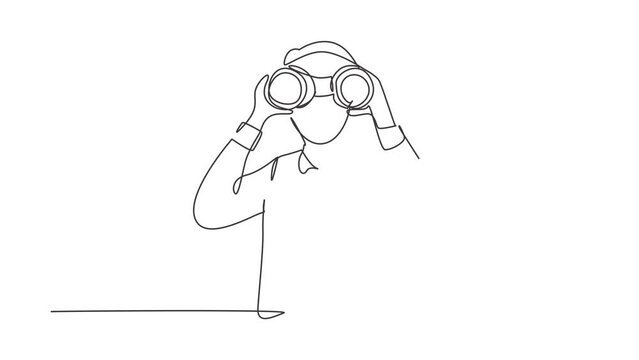 Animated self drawing of continuous line draw young businessman looking through binoculars searching for job. Find all opportunities in the world of suitable jobs. Full length one line animation