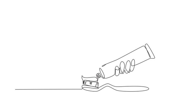 Animated self drawing of continuous line draw brushing teeth. Toothbrush and toothpaste close up. Hand extrude toothpaste from tube on toothbrush. Teeth care concept. Full length one line animation