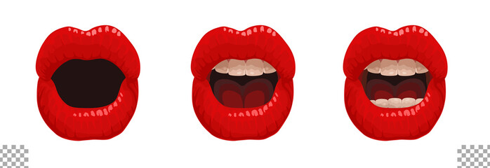 Fototapeta na wymiar Woman Mouth Illustration Set Transparent Background Solid Color Surprised Lips Oh