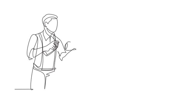 Animated self drawing of continuous line draw barber makes hair styling with hair spray after haircut at barber shop. Handsome man getting haircut in modern hair salon. Full length one line animation
