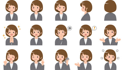 スーツの女性 表情15パターン バストアップイラスト