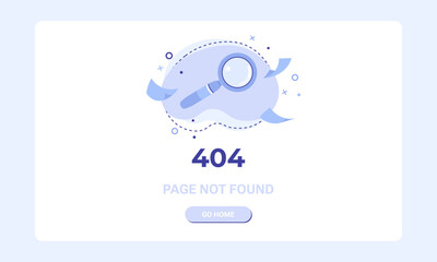 Page not found banner template. Design template for web page with 404 error.  Flat illustration of magnifying glass icon