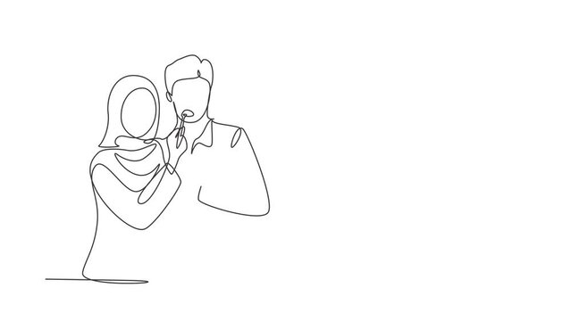 Animated self drawing of continuous line draw romantic Arabian woman feeding husband for breakfast. Celebrate wedding anniversaries and enjoy romantic moment at home. Full length single line animation