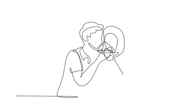 Self drawing animation of single one line draw young Arabian couple sharing pizza cut. Celebrate anniversaries and enjoy romantic lunch at modern restaurant. Continuous line draw. Full length animated