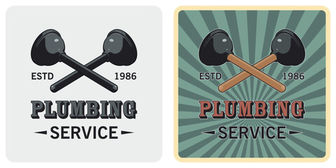 Set of color illustrations of crossed plungers, text on background. Vector graphics. Design element for poster, banner, badge, label, sticker, print. Wizard service. Vintage style.