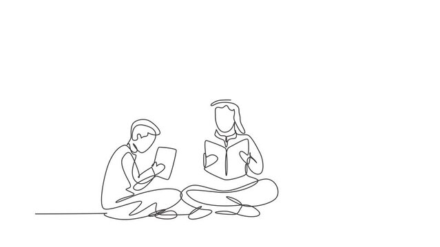 Animated self drawing of single continuous line draw Arabian male teacher and two students boy and girl reading, learning and sitting together. Study in library. Full length one line animation
