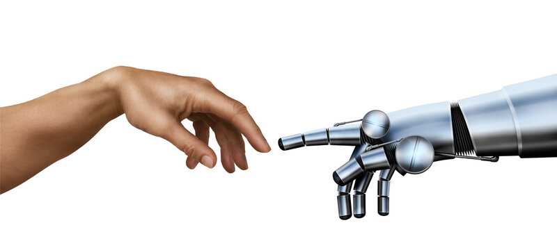 The Creation of Adam. A modern transposition. Combined with a touchpad and a robot hand.