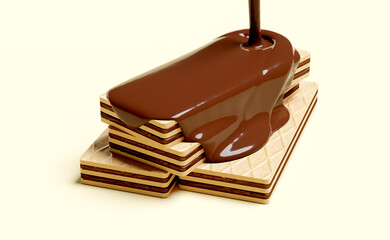 3d crispy wafer sticks with pour the hot chocolate isolated on cream color background. advertising for packaging, 3d render illustration, clipping path