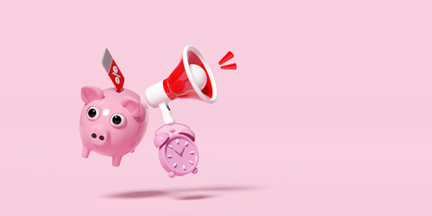clock alarm with piggy bank, megaphone, discount sales isolated on pink. price tags coupon, announce promotion news, last minute offer, flat sales, saving money, 3d render illustration, clipping path