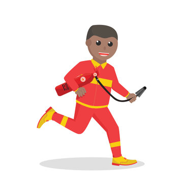 firefighter african run and holding fire tube design character on white background