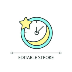 Nighttime RGB color icon. Sleeping time. Bedtime hours. Rest at night. Alarm clock. Timepiece. Isolated vector illustration. Simple filled line drawing. Editable stroke. Arial font used