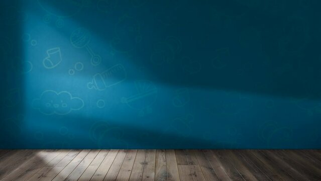 Children's room with blue wallpaper, moving shadow, mockup