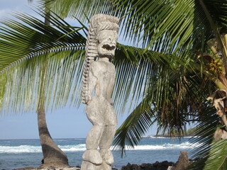 Wooden Hawaiian statue by a palm tree