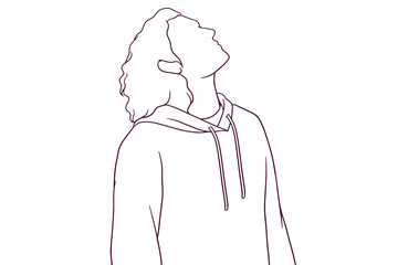 young man with hoodie looking up hand drawn style vector illustration