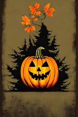 Halloween party poster with trees in the background with an old paper texture in warm colors - abstract woodcut style