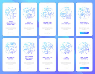 Hospitality industry trends blue gradient onboarding mobile app screen set. Walkthrough 5 steps graphic instructions with linear concepts. UI, UX, GUI template. Myriad Pro-Bold, Regular fonts used