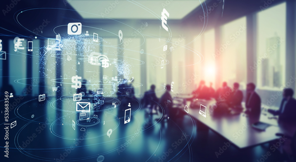 Poster people working in office and communication network. digital transformation. wide angle visual for ba