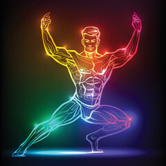 Bodybuilder muscle man fitness posing. Banner with neon silhouette of sexy man figure, beautiful silhouettes, nightclub, striptease, sex shop advertisement, vector illustration - 533683522