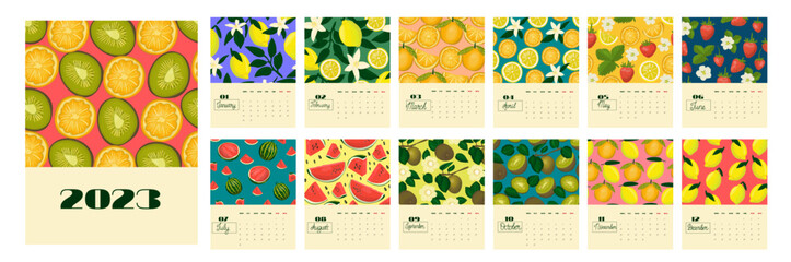 Calendar template for 2023. Vertical design with fruits and berries. Illustration page A4, A3, set of 12 months with cover. Week starts on Monday.