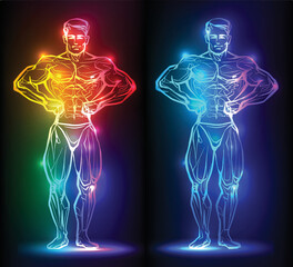 Bodybuilder muscle man fitness posing. Banner with neon silhouette of sexy man figure, beautiful silhouettes, nightclub, striptease, sex shop advertisement, vector illustration - 533683565