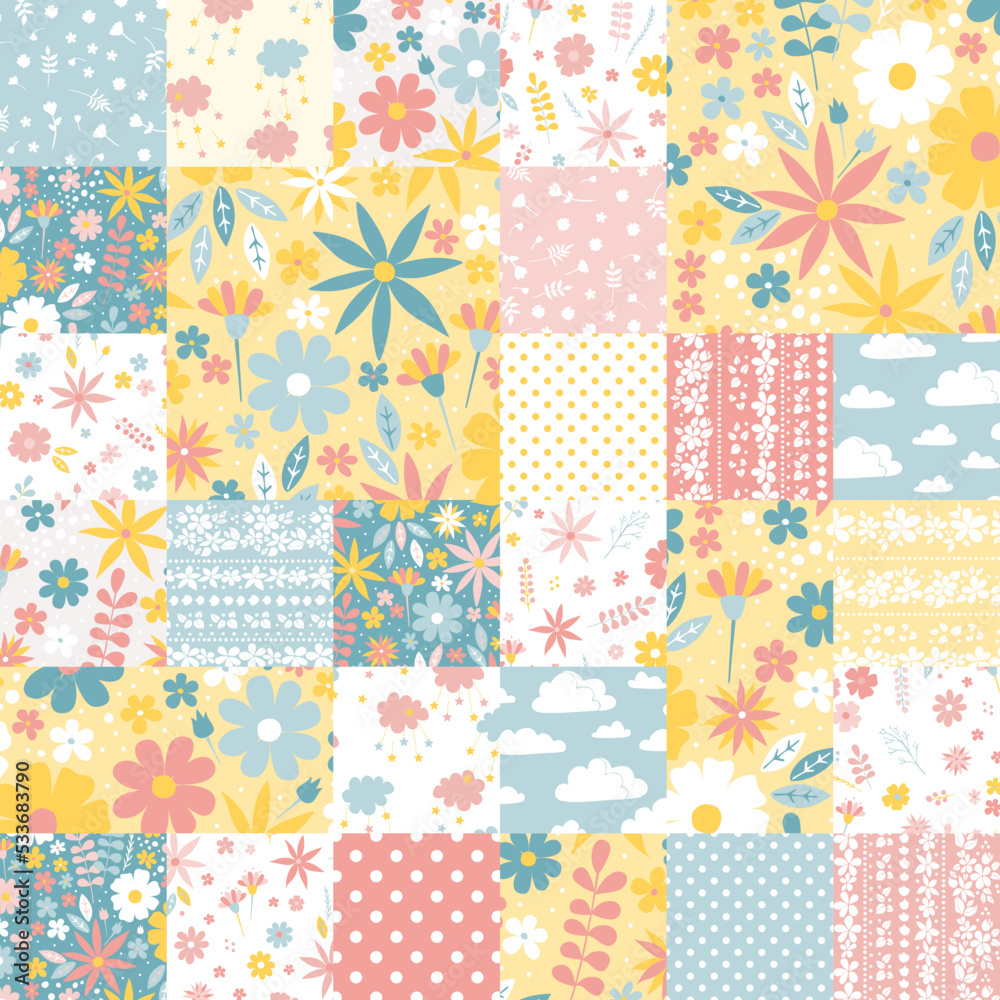 Canvas Prints delicate seamless patchwork pattern of rectangles with abstract flowers and leaves, clouds, stars an