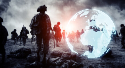 Fototapeta na wymiar earth and army. international security. Wide angle visual for banners or advertisements.
