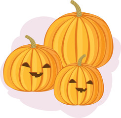 Three orange pumpkins. Halloween. Funny pumpkins, vector illustration. Orange fruit, autumn theme. October, holiday.