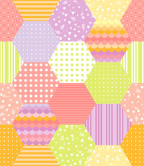 Seamless patchwork pattern of hexagons with geometric and floral ornaments. Print for fabric, wallpaper in vector.
