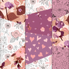 Patchwork seamless pattern from patches with flowers and hearts. Vector design - 533683766