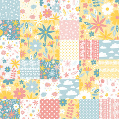 Delicate seamless patchwork pattern of rectangles with abstract flowers and leaves, clouds, stars and polka dot ornament in yellow, blue, white and pink color scheme. Romantic print for fabric. - obrazy, fototapety, plakaty