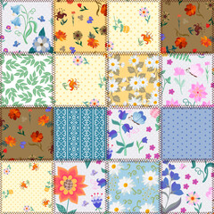 Seamless patchwork pattern of bright square patches with flowers, leaves, butterflies, polka dot ornament connected by a zigzag stitch. Vintage print for fabric in vector.